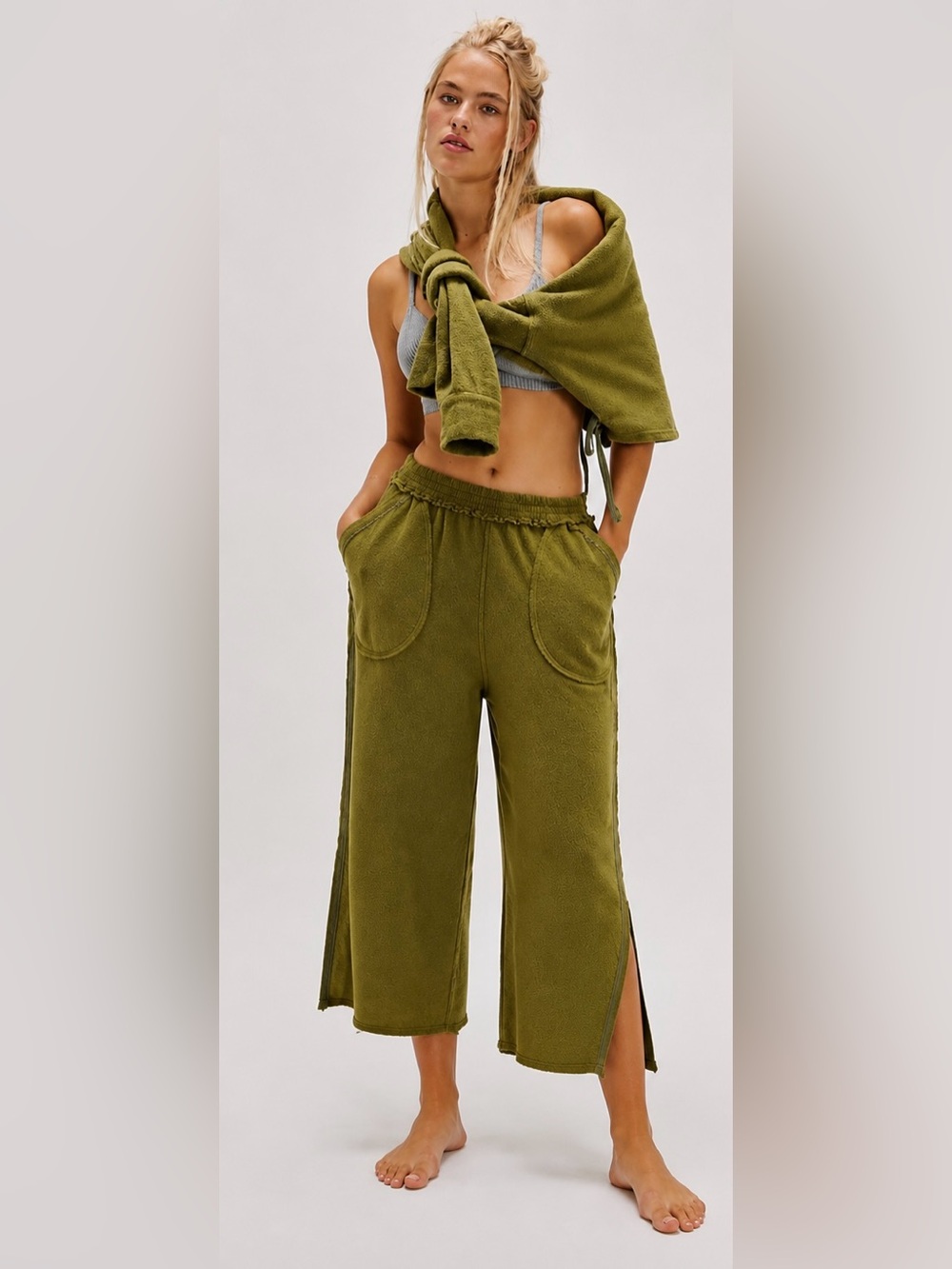 Free People Intimately Olive Terry Wide Leg Lounge Pants small oversized
